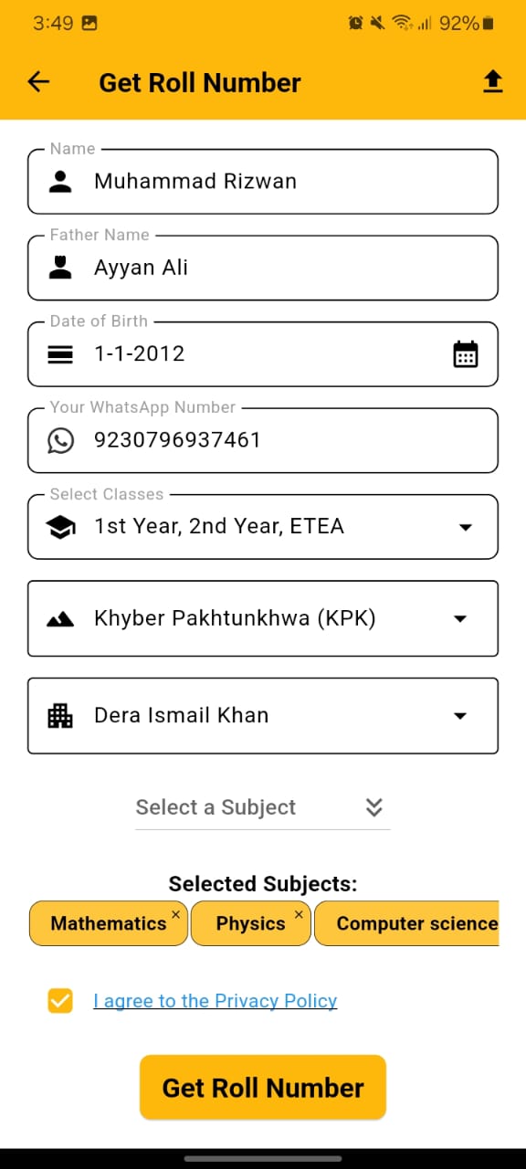 Get Roll Number Button